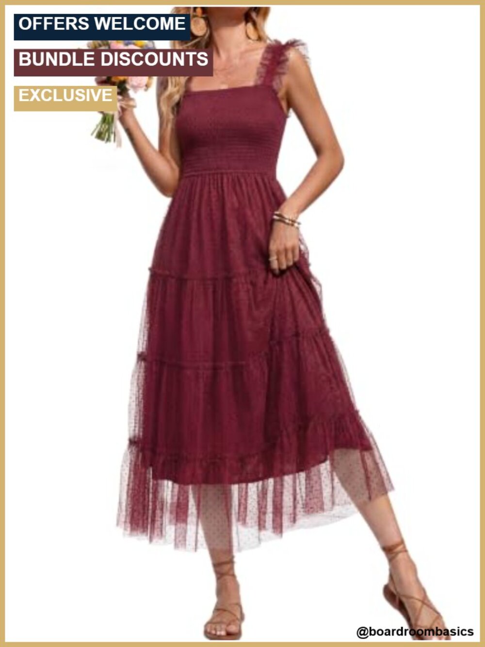 Simplee Womens Tulle Midi Dress Sleeveless Smocked Ruffle Flowy Mesh